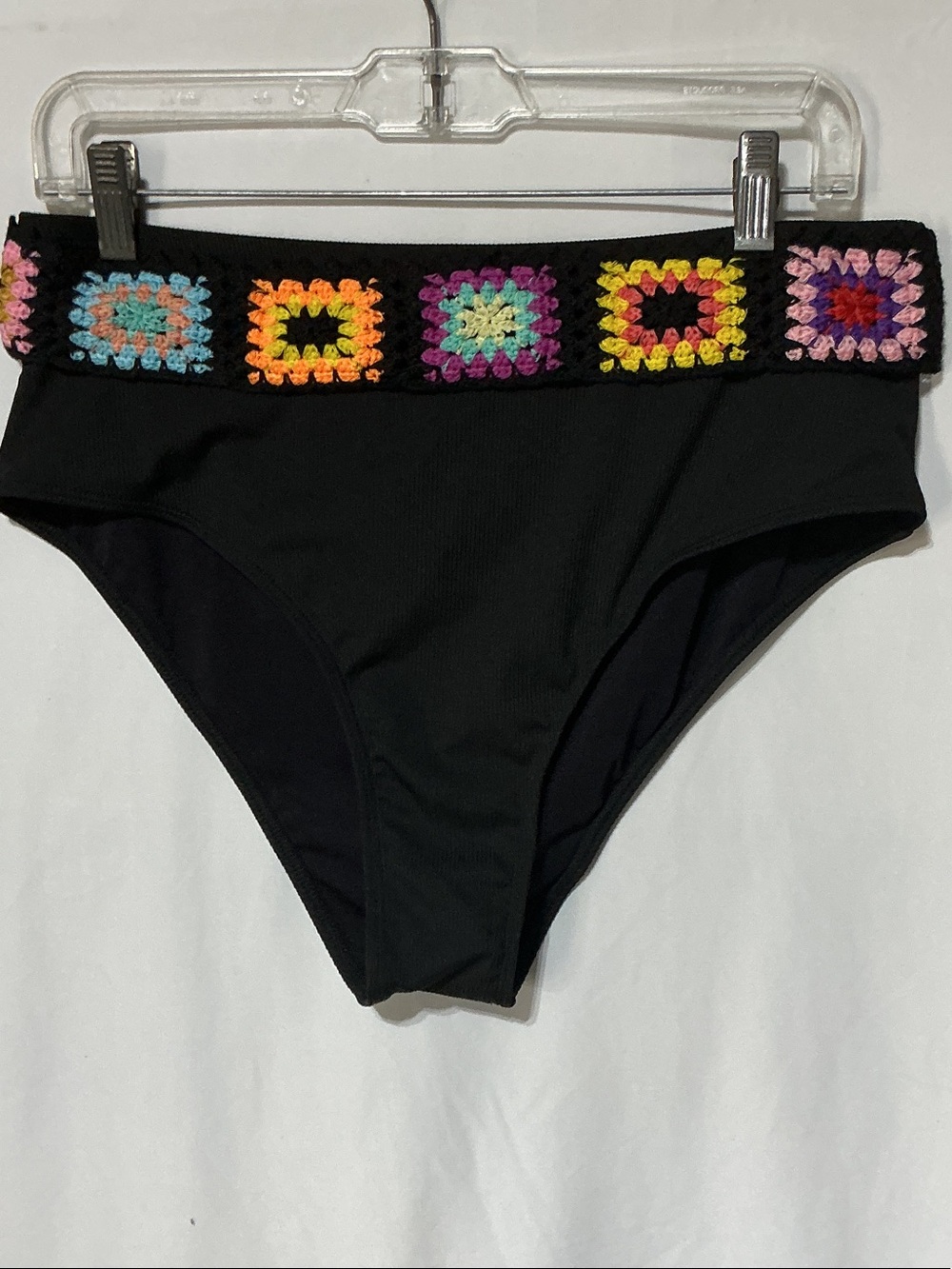 Black High Waist Bikini Bottoms Multicolor Crochet Granny Square Waistband 1XL